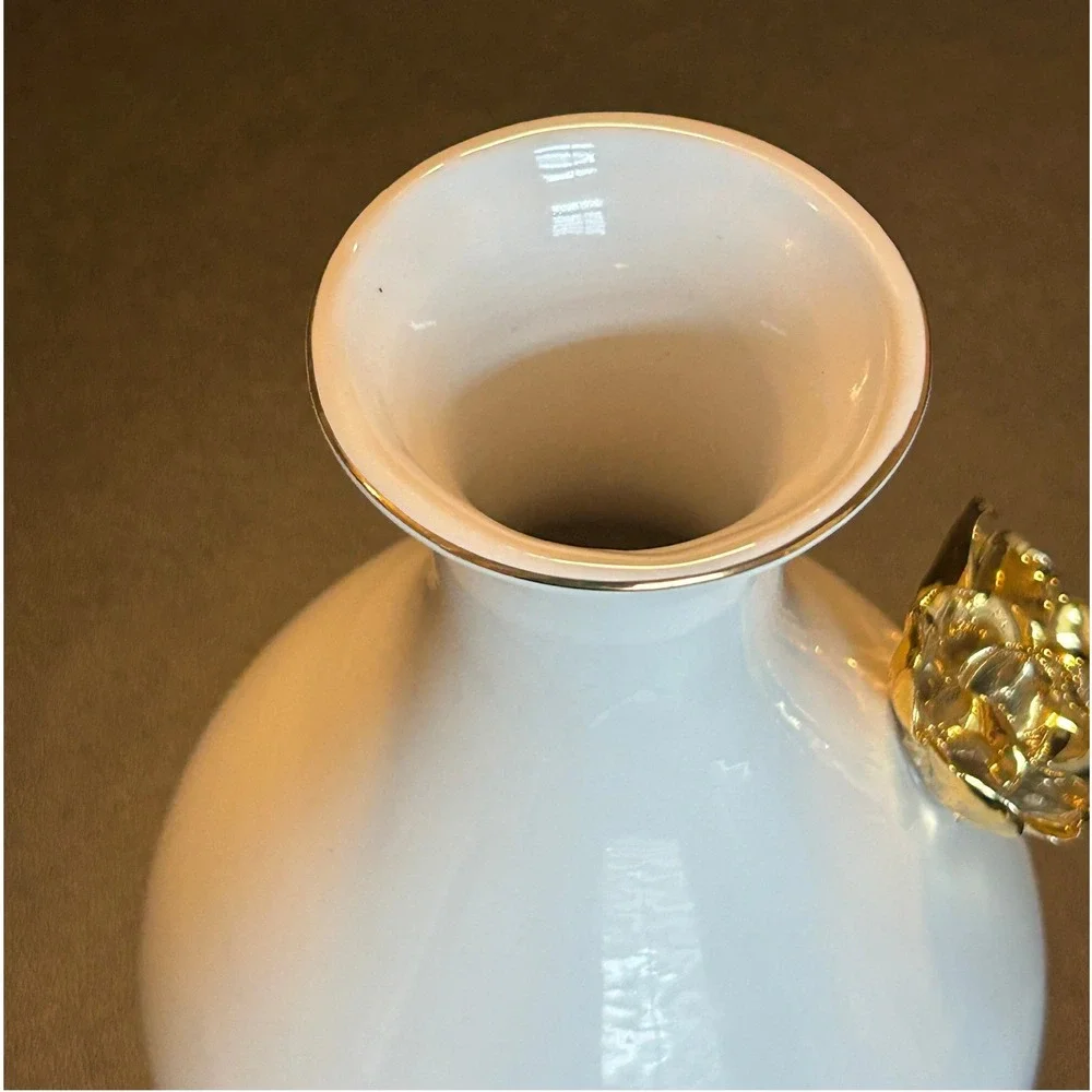 Providence At Home White Ceramic Vase Gold Metallic Roses 3D Floral 9.5 inch